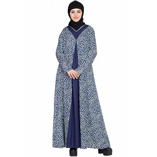Printed contrast yoke casual Abaya - Indigo Blue